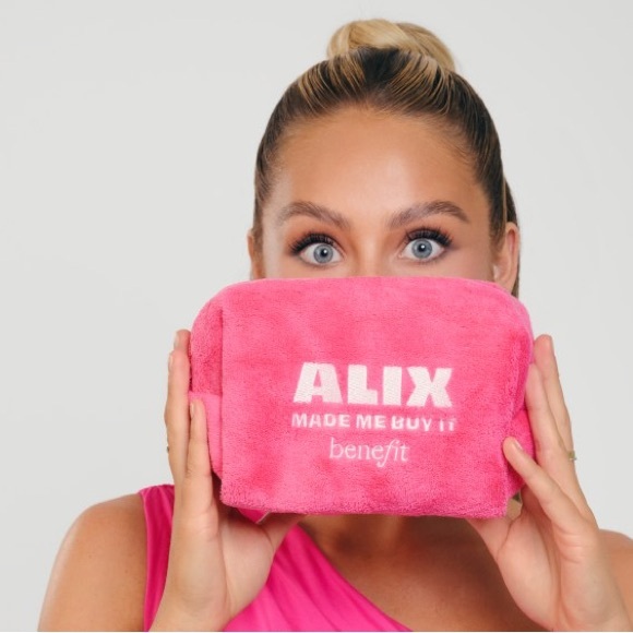Benefit ALIX EARLE Made Me Buy It Pink Terry Cosmetics Bag NEW - Picture 2 of 3
